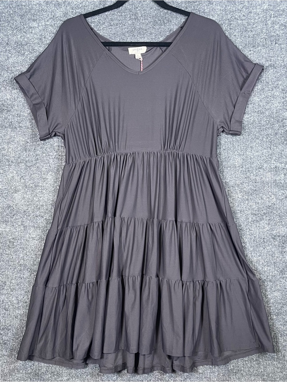 NWT Umgee Womens Large Gray VNeck Tiered Mini Dress‎ Short Sleeve Boho Western